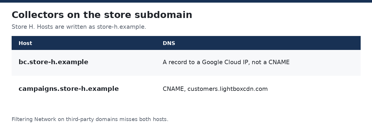 Store H subdomain collectors. bc.store-h.example is an A record to a Google Cloud IP, not a CNAME. campaigns.store-h.example is a CNAME to customers.lightboxcdn.com.