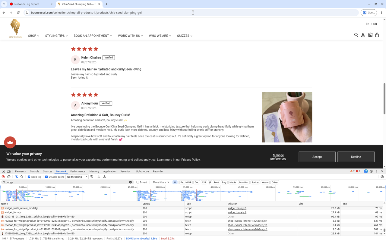 bouncecurl.com, tested 2026-10-09, store configuration at the time. Reviews widget on the product page during the pass before a choice.