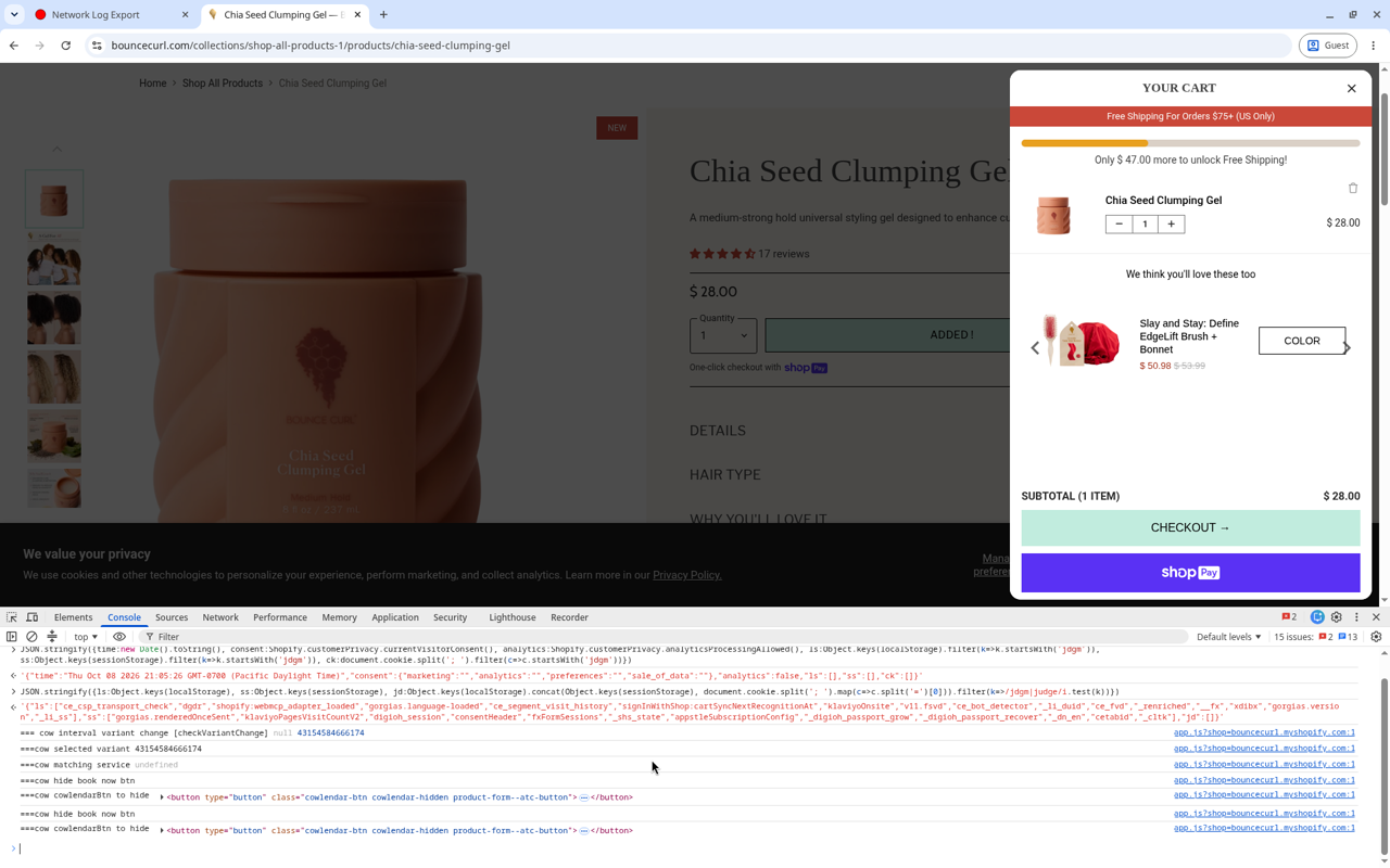 bouncecurl.com, tested 2026-10-09, store configuration at the time. Before a choice, the console checks localStorage, sessionStorage, and cookies for jdgm or judge.