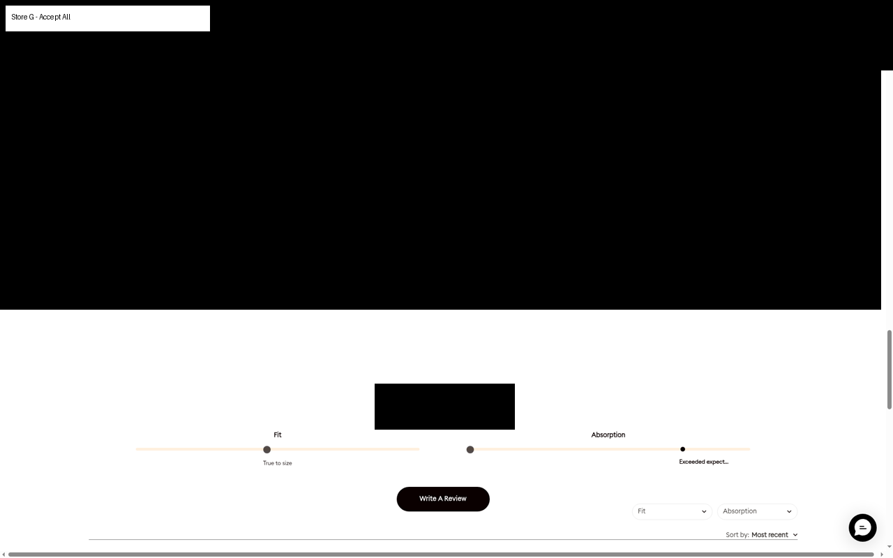 Product page after Accept All. The reviews widget is loaded, with a Write a Review button, filter controls, and a sort menu.