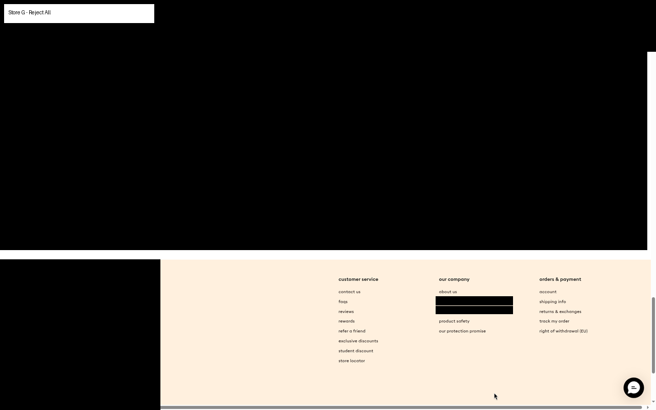 Product page after Reject All. The review section is gone and the page goes straight to the footer.